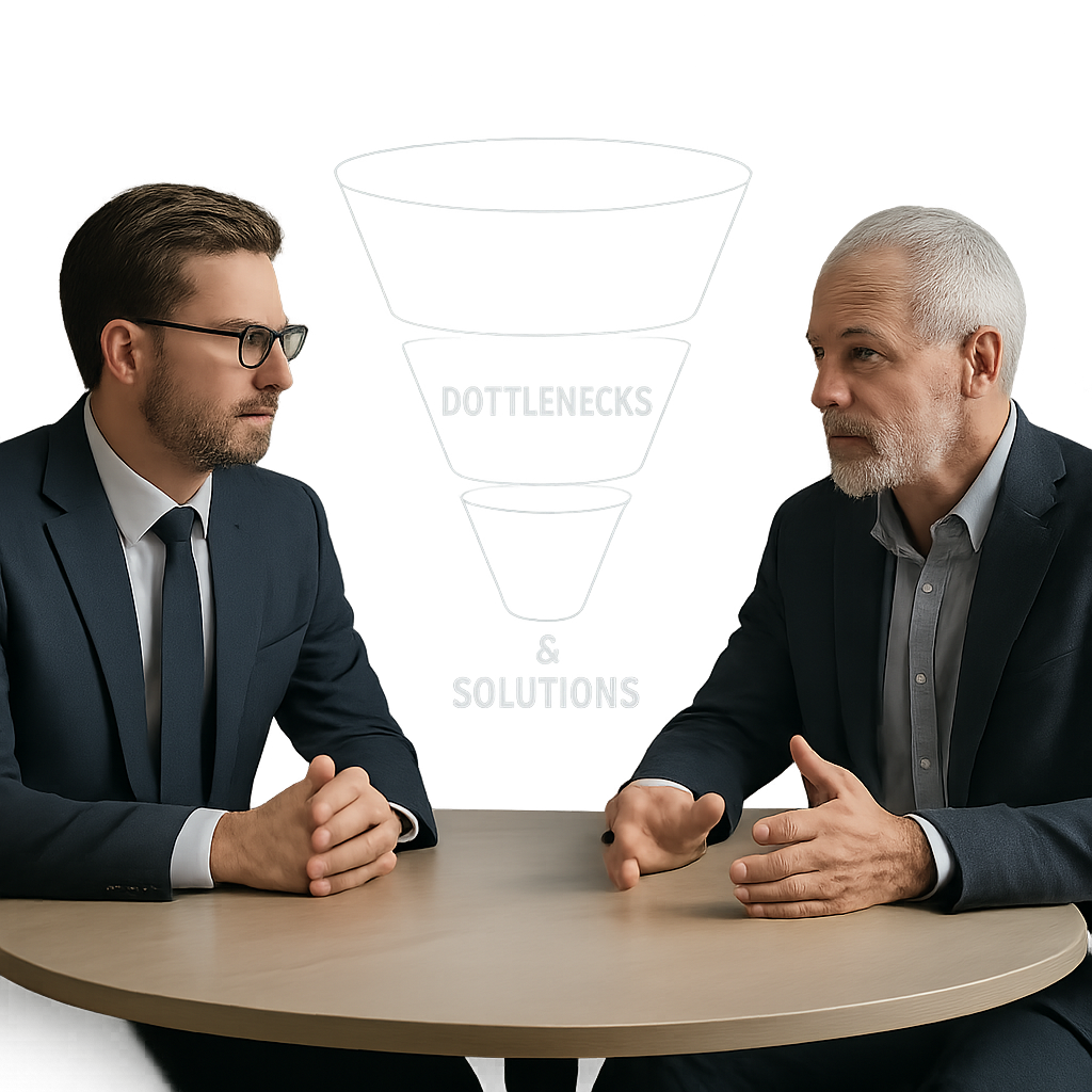 A CEO sitting with an experienced sales coach at a modern round table deep in discussion Between them a transparent holographic sales funnel appears showing bottlenecks and solutions The scene conveys trust clarity and focused decisionmaking Minimali-1